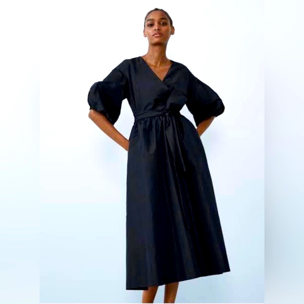 ZARA Dress Black Taffeta V-Neck Bubble Sleeves Tie Voluminous Full Skirt SM NWT